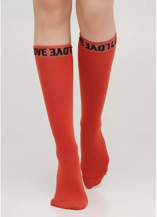 Бавовняні гольфи однотонні з текстовим візерунком на резинці WG1 TEXT 002 (теракотовий)