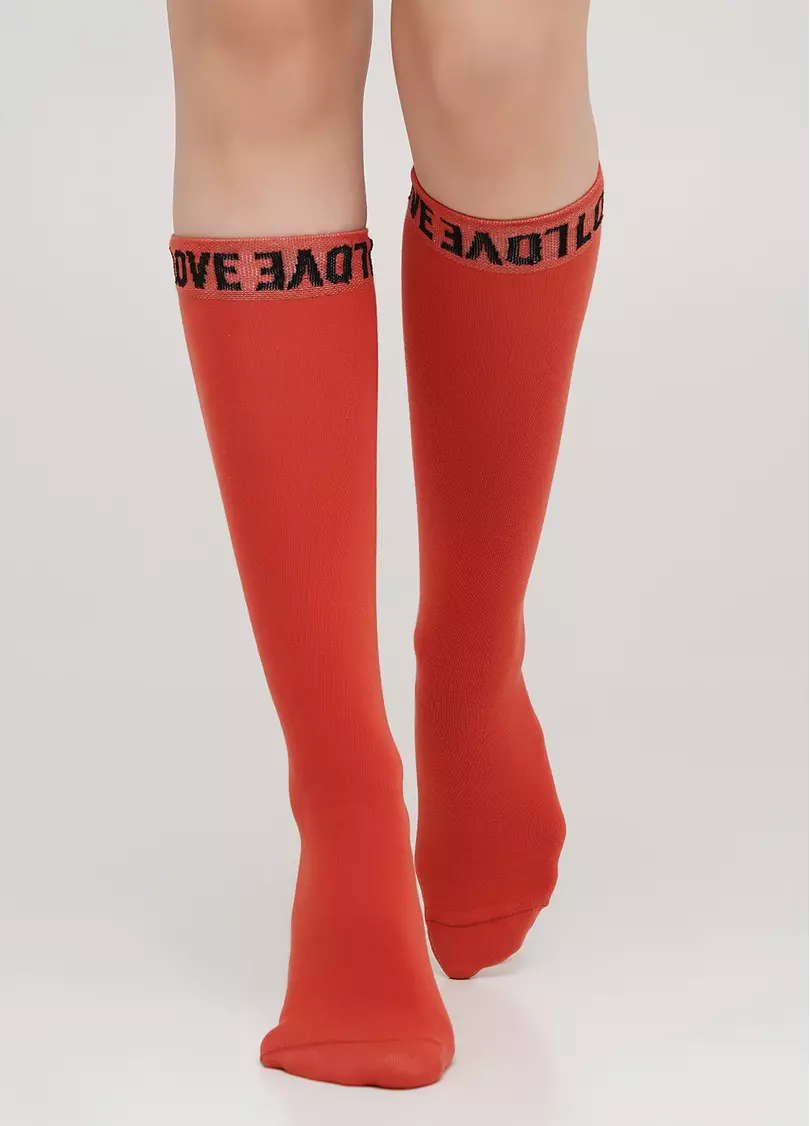 Бавовняні гольфи однотонні з текстовим візерунком на резинці WG1 TEXT 002 (теракотовий)