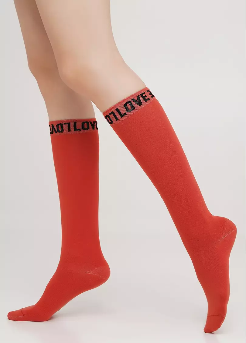 Бавовняні гольфи однотонні з текстовим візерунком на резинці WG1 TEXT 002 (теракотовий)