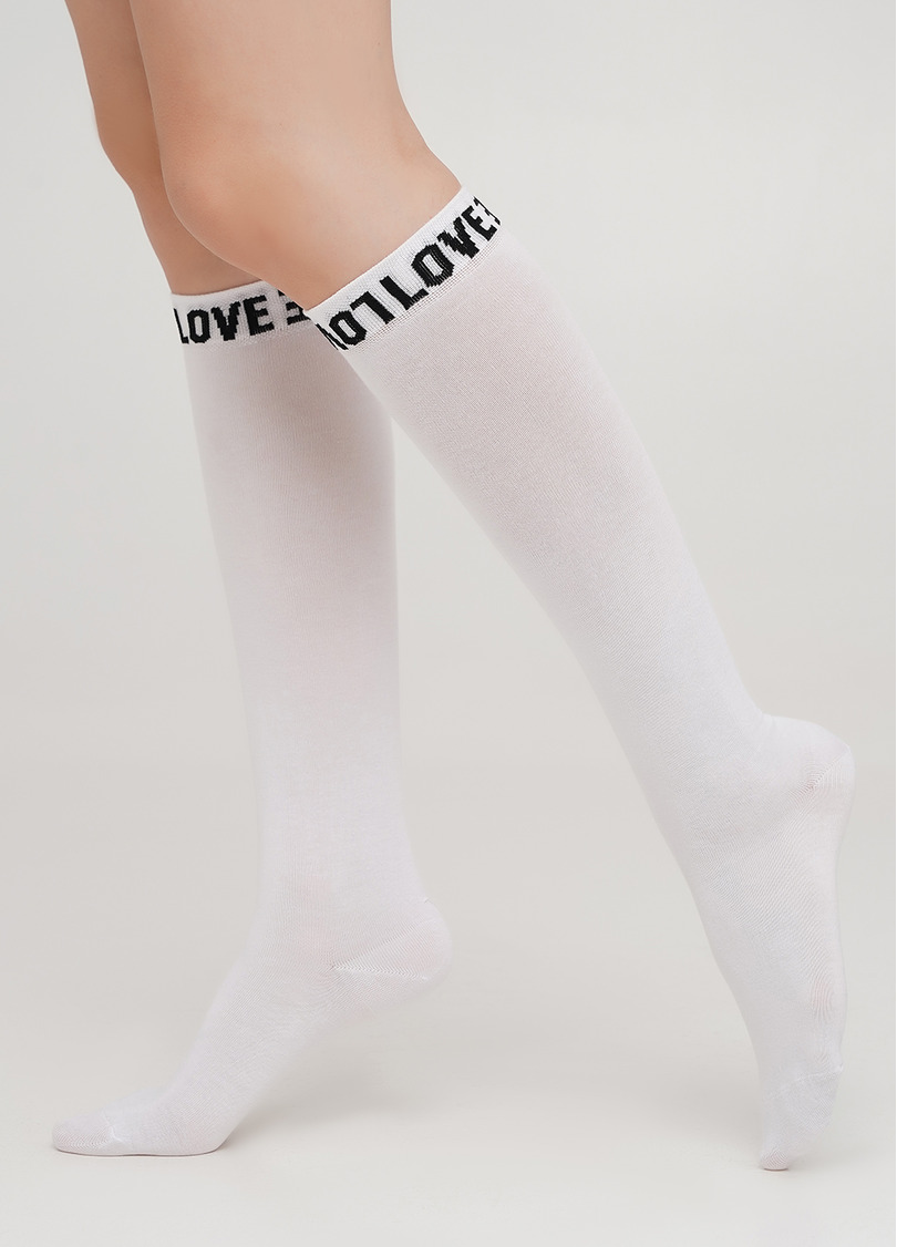 Бавовняні гольфи однотонні з текстовим візерунком на резинці WG1 TEXT 002 (білий)
