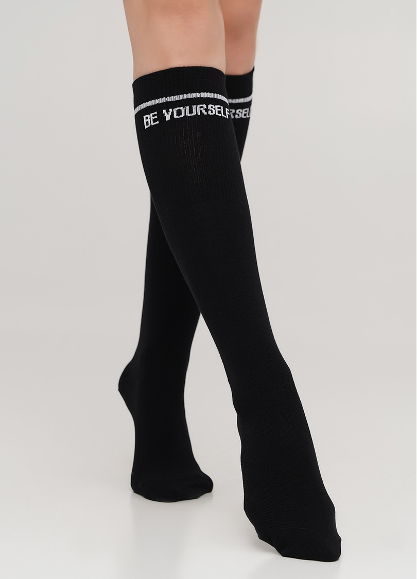 Хлопковые гольфы с надписью на резинке в рубчик WG1 TEXT STRONG 002 (черный)