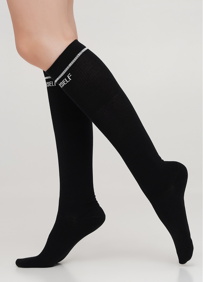 Хлопковые гольфы с надписью на резинке в рубчик WG1 TEXT STRONG 002 (черный)