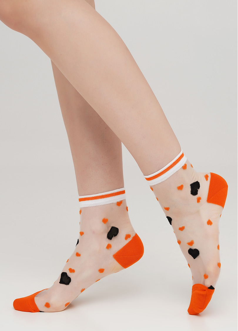 Женские носки прозрачные с узором в сердечки WS2 CRISTAL 065 (оранжевый)