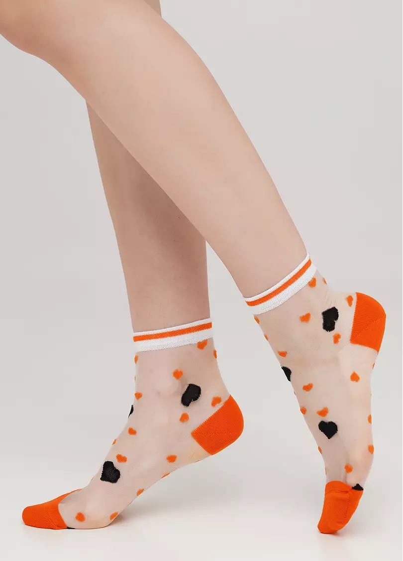 Женские носки прозрачные с узором в сердечки WS2 CRISTAL 065 (оранжевый)