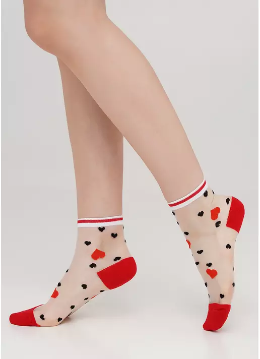 Женские носки прозрачные с узором в сердечки WS2 CRISTAL 065 (красный)