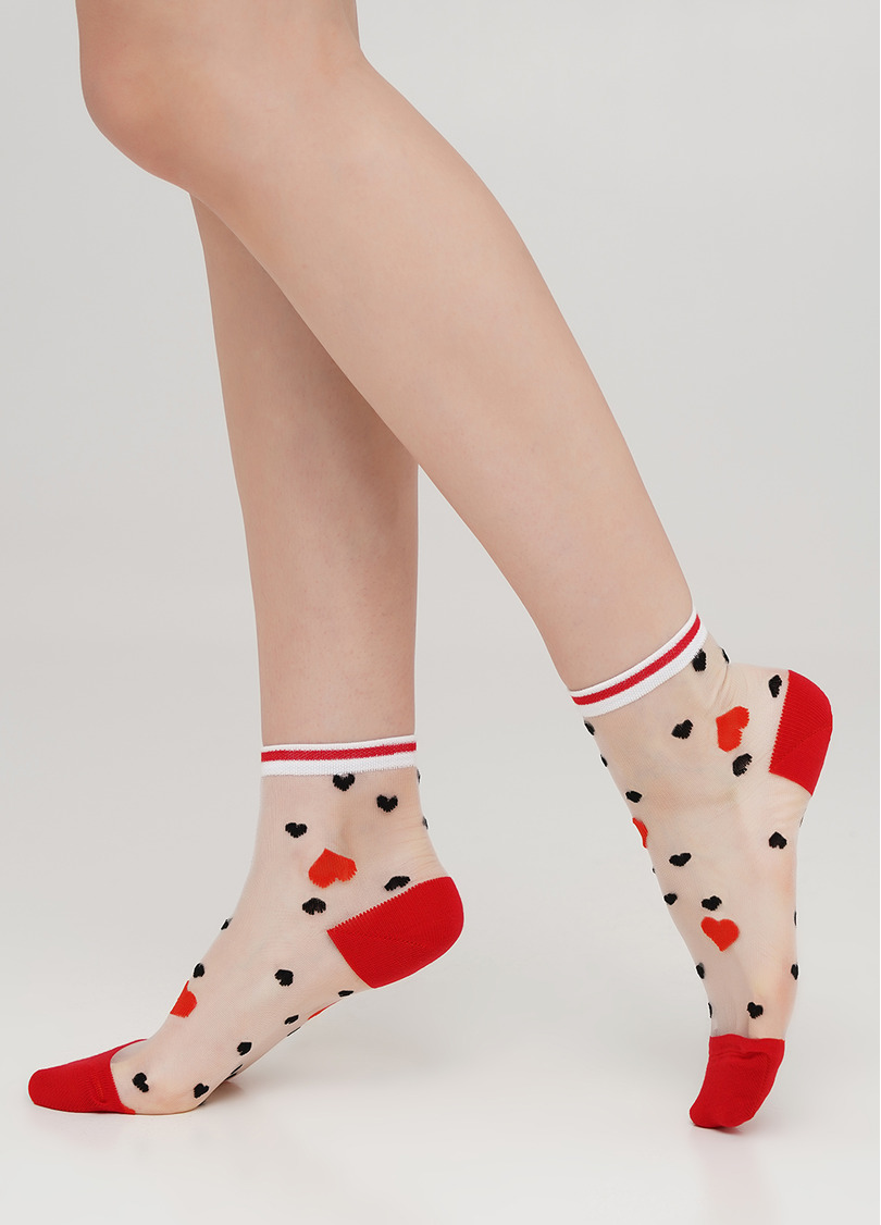 Женские носки прозрачные с узором в сердечки WS2 CRISTAL 065 (красный)