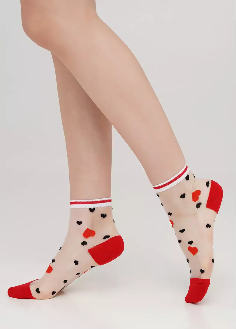 Женские носки прозрачные с узором в сердечки WS2 CRISTAL 065 (красный)