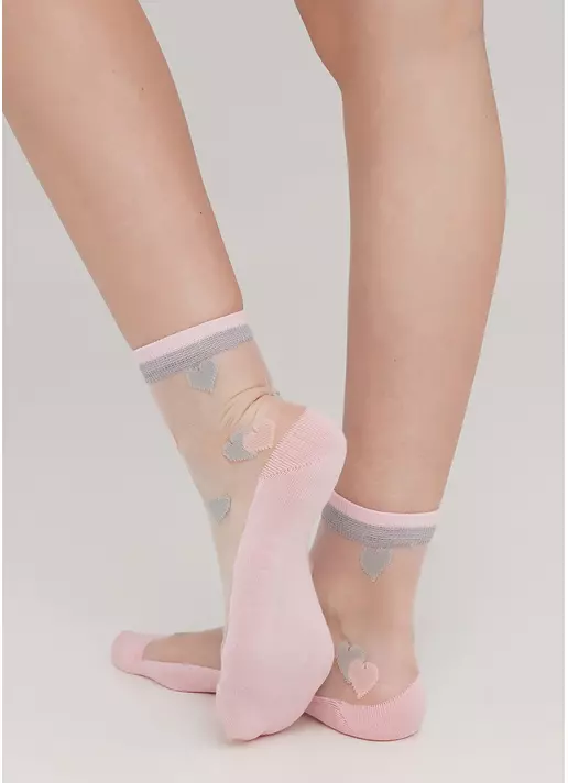 Жіночі шкарпетки прозорі з бавовняною стопою в сердечка WS2 CRISTAL 066 pearl (рожевий)
