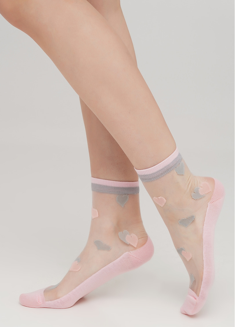 Женские носки прозрачные с хлопковой стопой в сердечки WS2 CRISTAL 066 pearl (розовый)