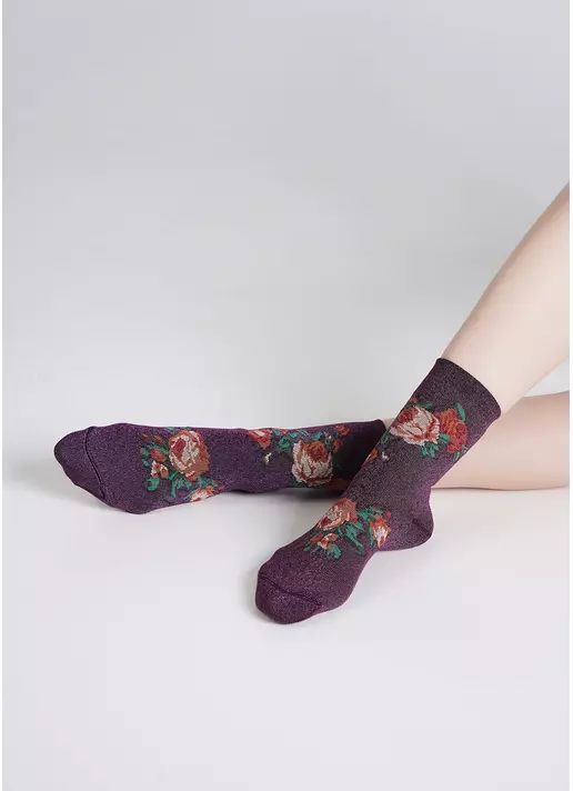 Женские носки с люрексом и розами WS3 ART DECO LUREX 001 shiny pink metallic (розовый)