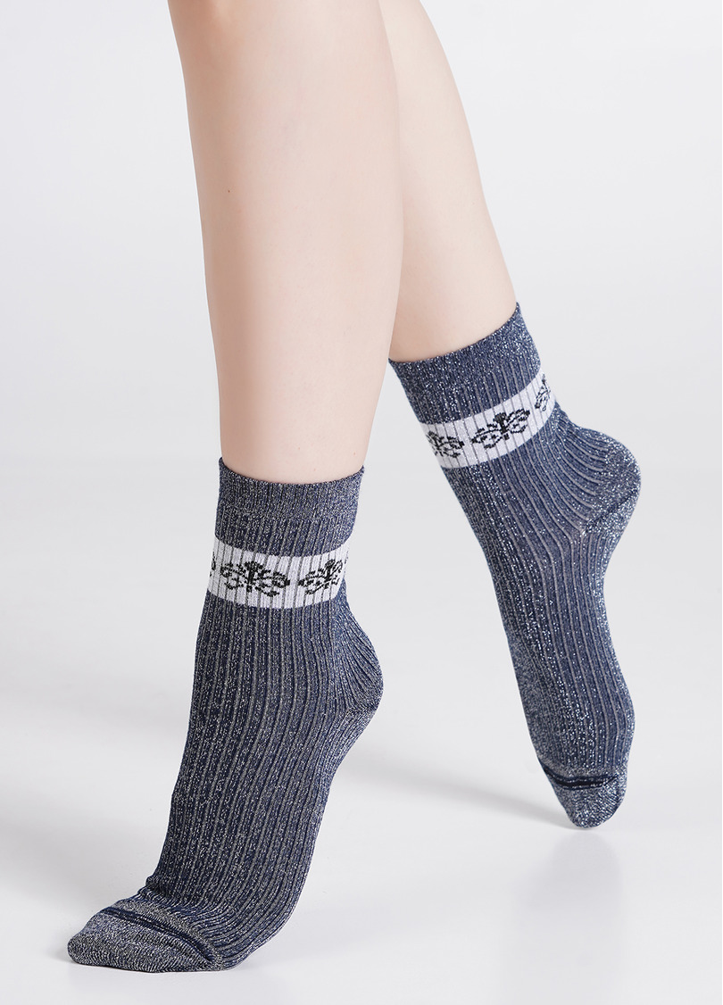 Блестящие носки в рубчик с геральдической лилией WS3 ART DECO LUREX RIB 002 dress blue/silver metallic (синий)