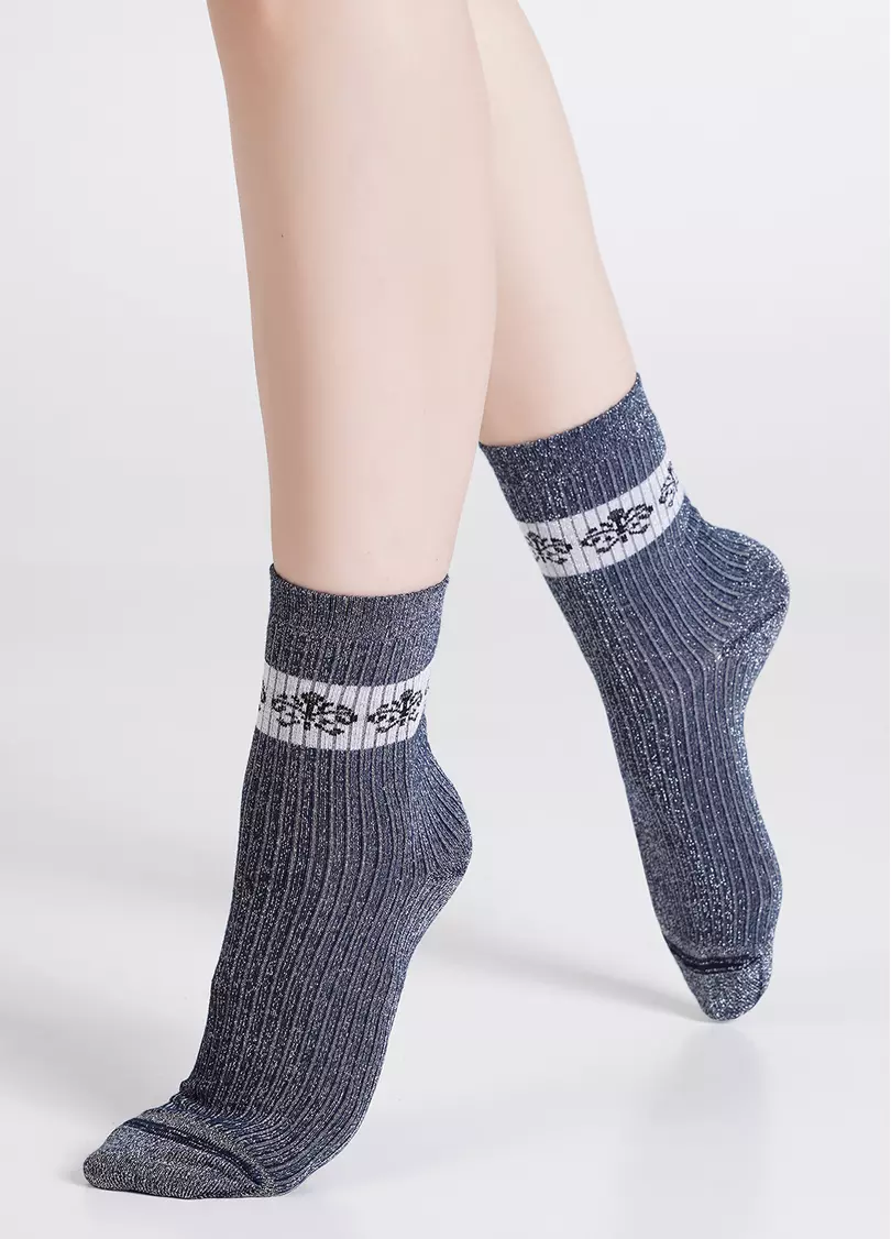 Блестящие носки в рубчик с геральдической лилией WS3 ART DECO LUREX RIB 002 dress blue/silver metallic (синий)