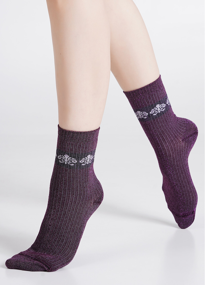 Блестящие носки в рубчик с королевской лилией WS3 ART DECO LUREX RIB 002 shiny pink metallic (розовый)