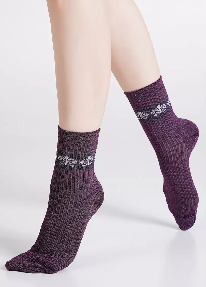 Блестящие носки в рубчик с королевской лилией WS3 ART DECO LUREX RIB 002 shiny pink metallic (розовый)