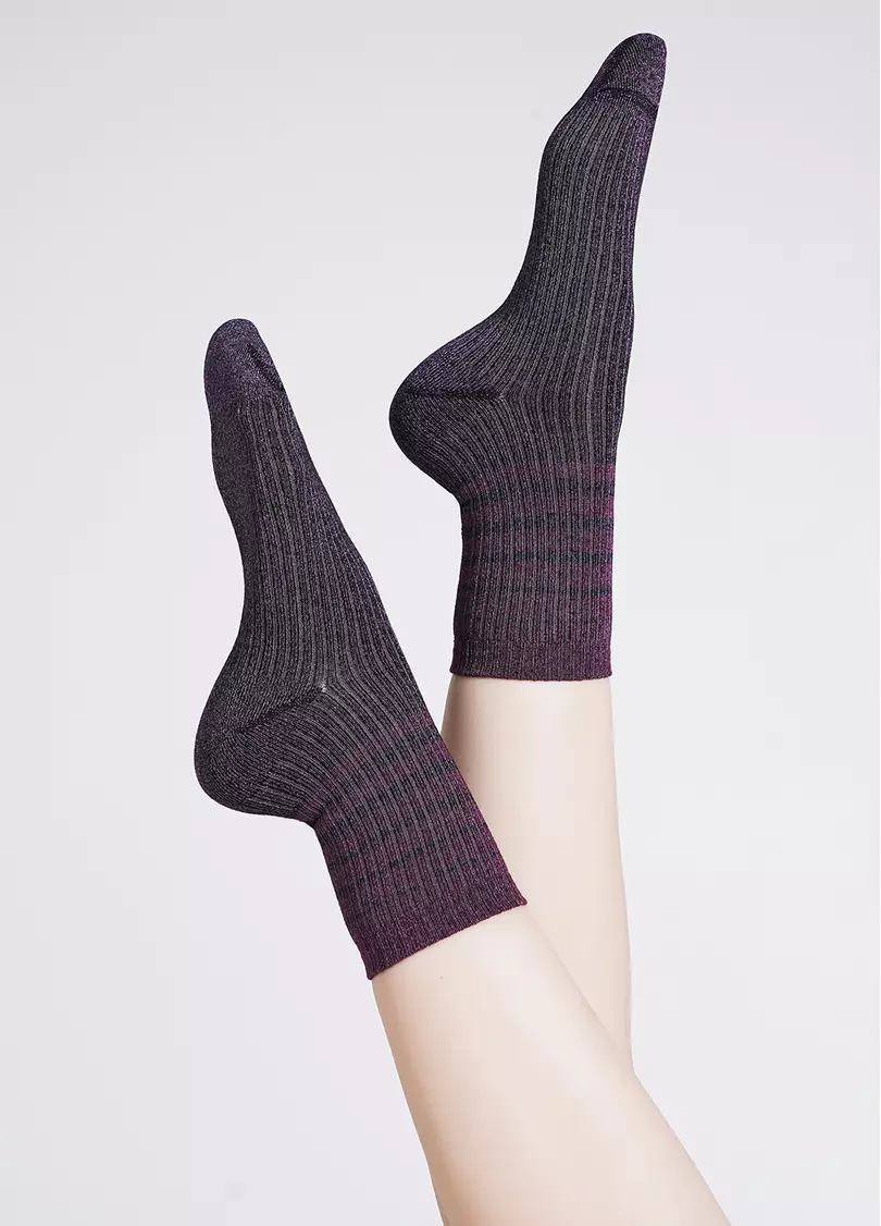 Носки люрексовые в рубчик с полосками WS3 ART DECO LUREX RIB 003 shiny pink metallic (розовый)