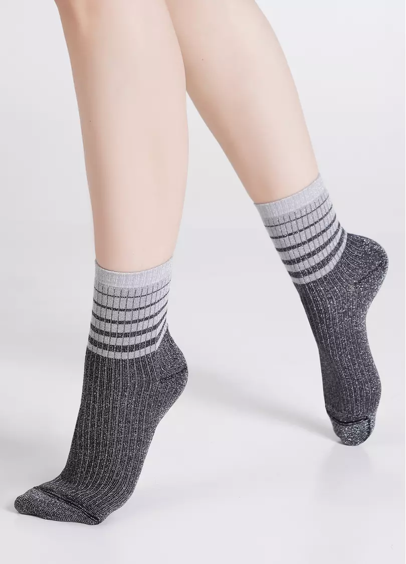 Носки люрексовые в рубчик с полосками WS3 ART DECO LUREX RIB 003 steel/silver metallic (серый)