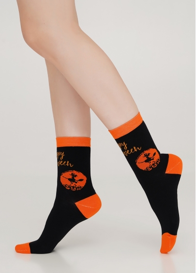 Жіночі шкарпетки з малюнком відьми та кота WS3 HALLOWEEN 008 black (чорний)