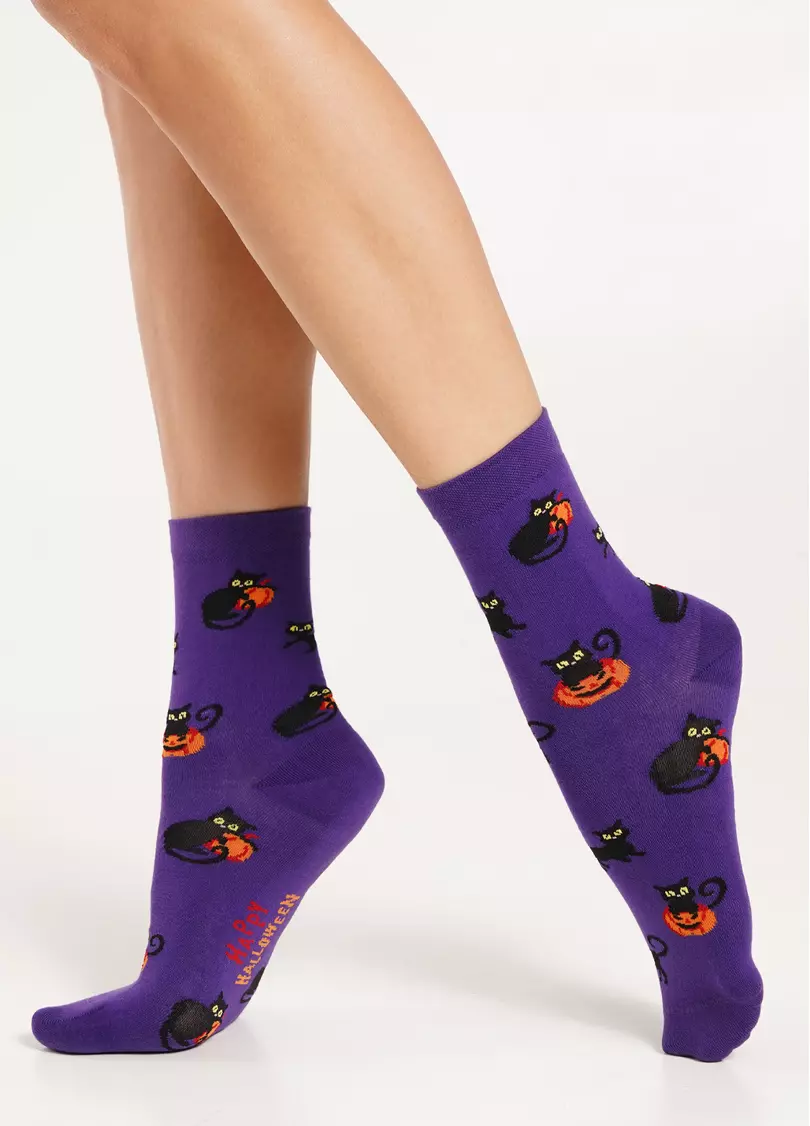 Шкарпетки з чорними котами до Геловіну WS3 HALLOWEEN (F) 2302 violet indigo (фіолетовий)
