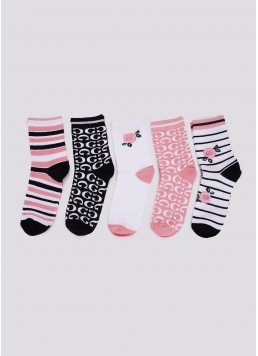 Высокие носки в розы и полоски набор из 5 пар WS3 SET 8 black/white/geranium (черный/белый/розовый)