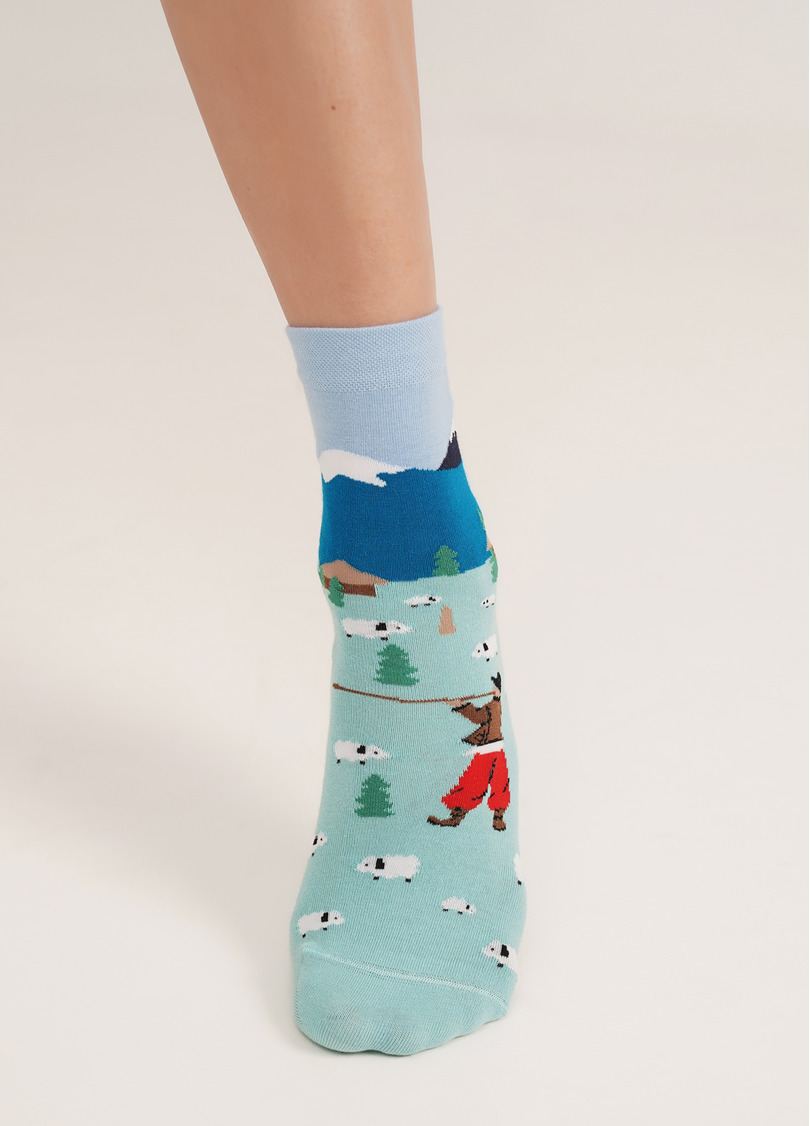 Шкарпетки з малюнком гуцула в Карпатах WS3 SOFT UKR 008 pastel turquoise (зелений)