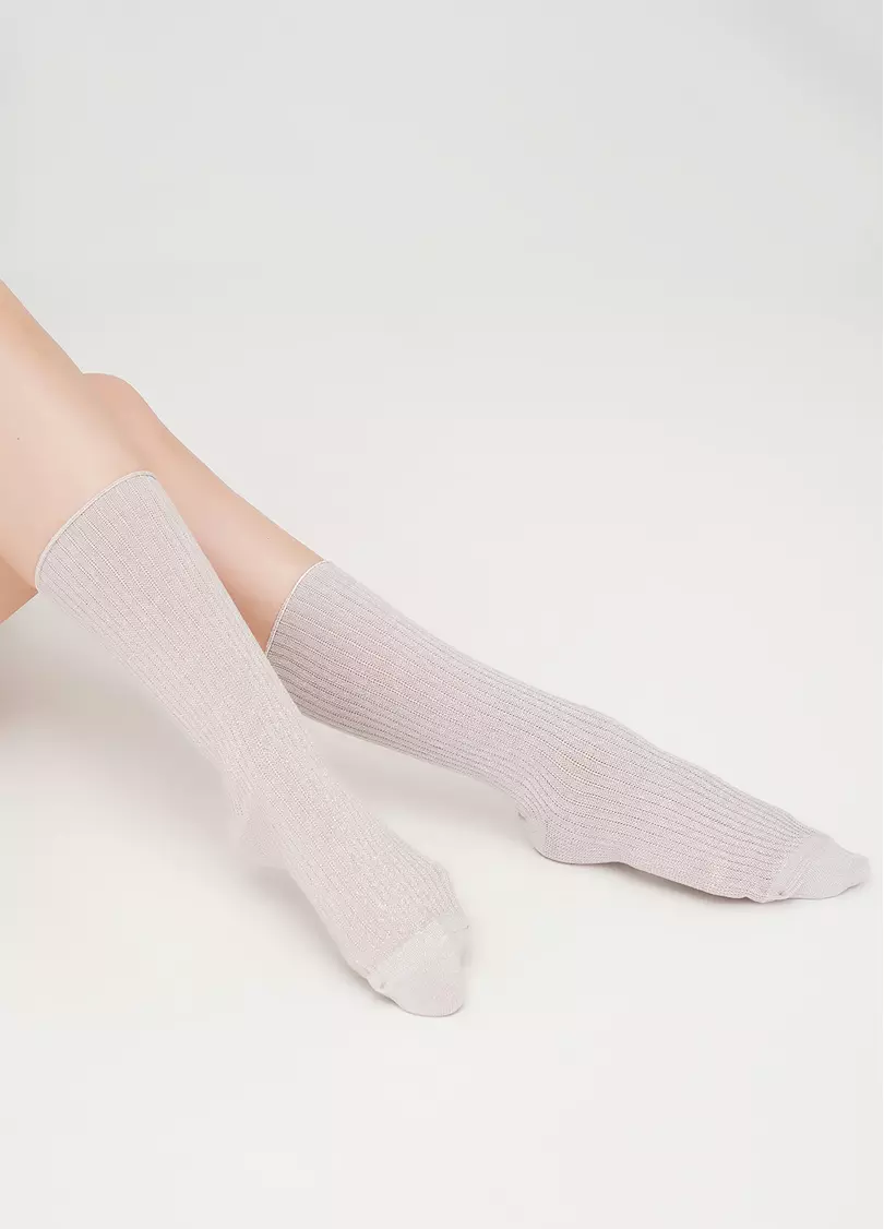 Высокие носки в рубчик с люрексом WS4 LUREX RIB 001 moonlight (бежевый)