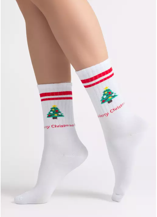 Новогодние носки в рубчик WS4 NEW YEAR STRONG 2601 white/red (белый/красный)