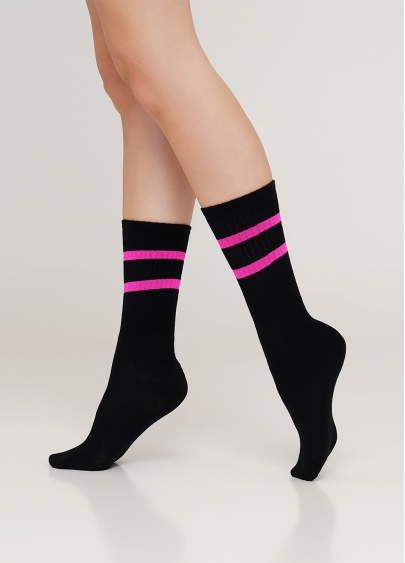 Женские высокие носки с неоновыми полосками WS4 SOFT NEON 002 (черный/розовый)