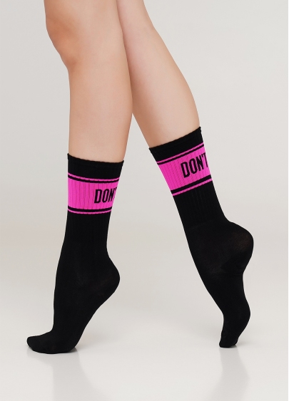 Женские высокие носки с неоновой надписью WS4 SOFT NEON 004 (черный/розовый)