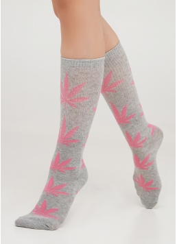 Высокие носки с листьями WS4 STRONG 001 (M) light grey/rose (серый/розовый)