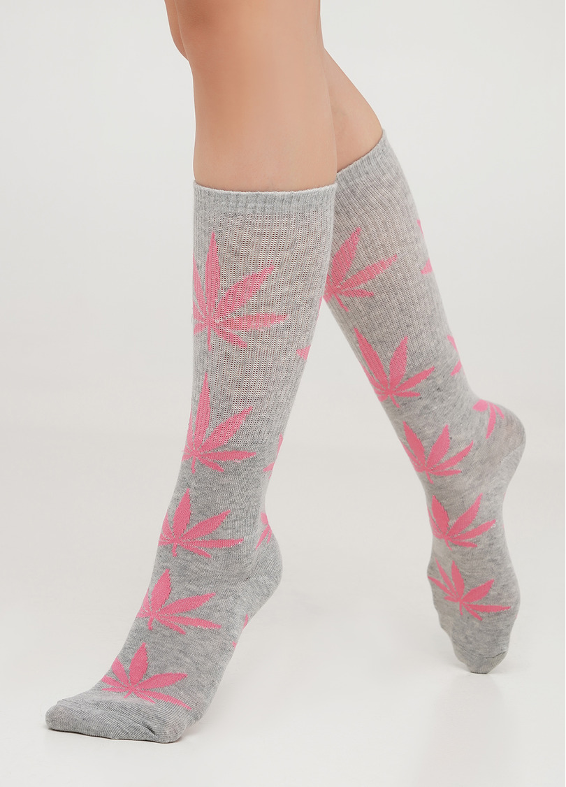 Высокие носки с листьями WS4 STRONG 001 (M) light grey/rose (серый/розовый)