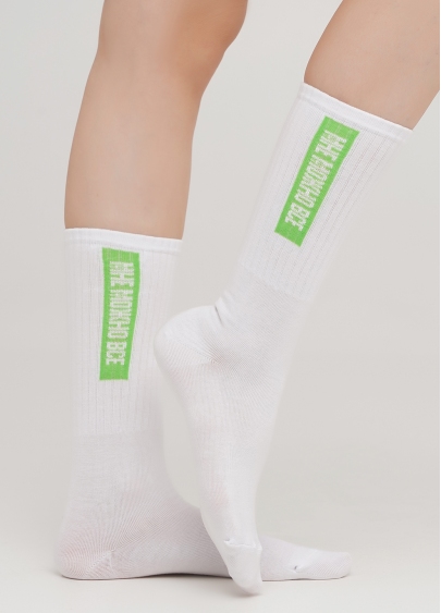 Женские носки высокие с надписью сбоку WS4 TEXT STRONG 009 (белый/ярко-зеленый)
