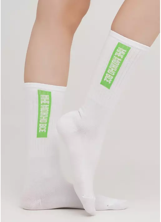 Жіночі шкарпетки високі з написом збоку WS4 TEXT STRONG 009 (білий/яскраво-зелений)