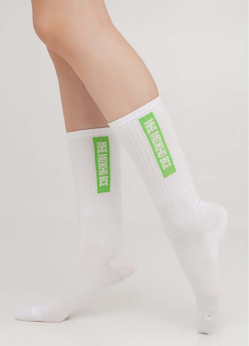 Жіночі шкарпетки високі з написом збоку WS4 TEXT STRONG 009 (білий/яскраво-зелений)