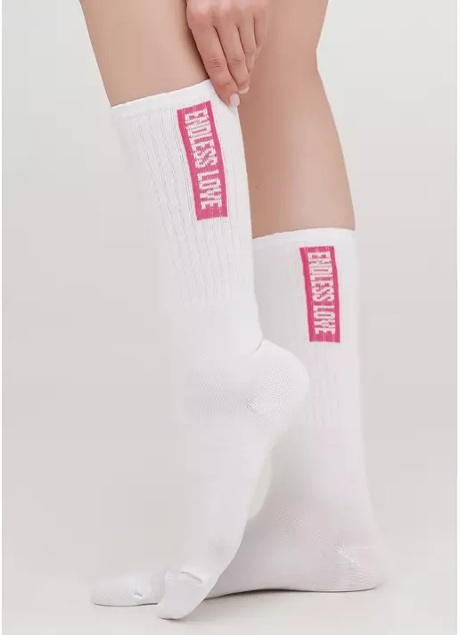 Високі шкарпетки з написом по бокам WS4 TEXT STRONG 010 (білий/фуксія)
