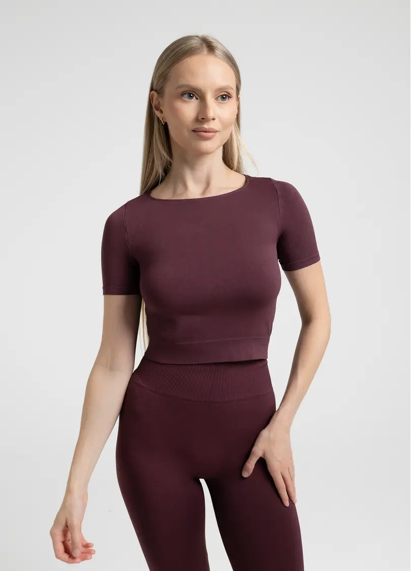 Укороченная бесшовная футболка CROP T-SHIRT, бордовая