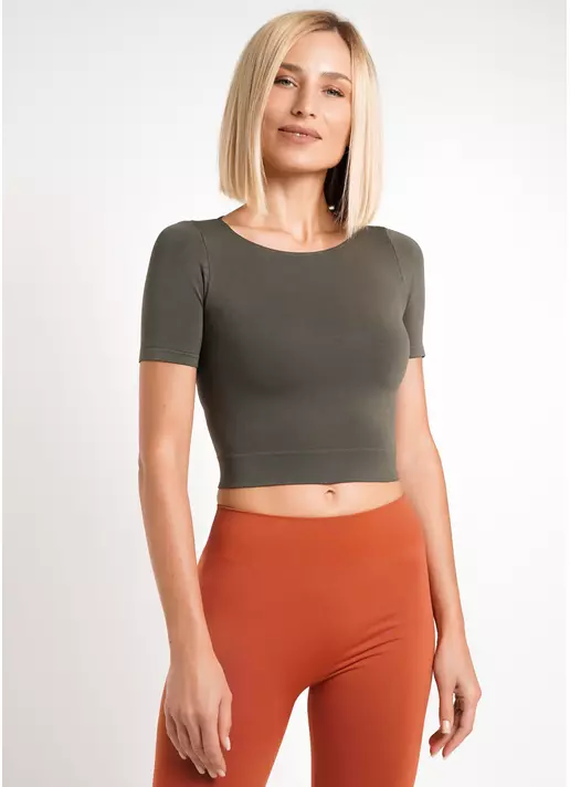 Укороченная бесшовная футболка CROP T-SHIRT khaki (зеленый)