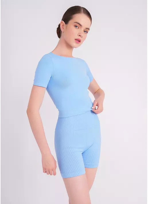 Укороченная бесшовная футболка CROP T-SHIRT lacecap hydrangea (голубой)