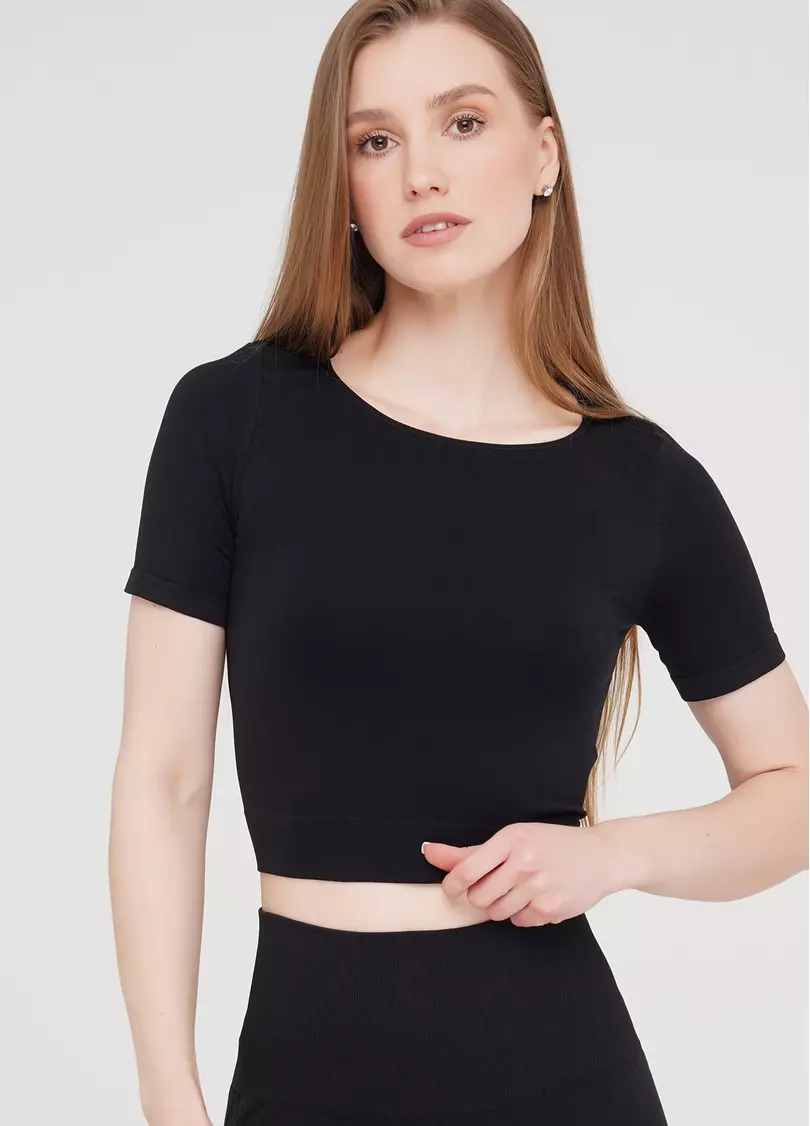 Укороченная бесшовная футболка CROP T-SHIRT nero (черный)