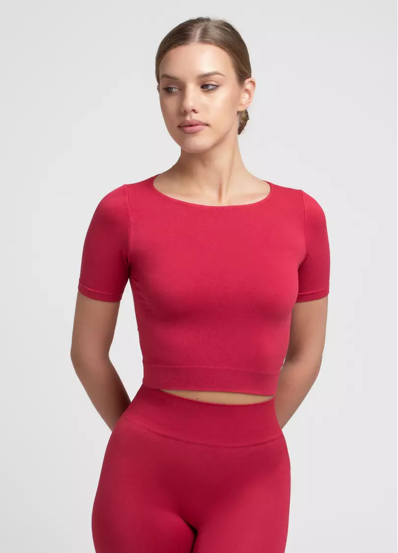 Укорочена безшовна футболка CROP T-SHIRT winterberry (червоний)