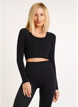 Кроп-топ лонгслив в рубчик CROP TOP RIB black (черный)