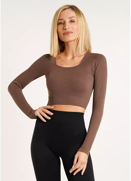 Кроп-топ лонгслив в рубчик CROP TOP RIB deep taupe (коричневый)