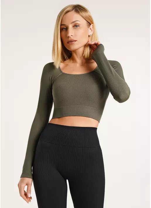 Кроп-топ лонгслив в рубчик CROP TOP RIB khaki (зеленый)