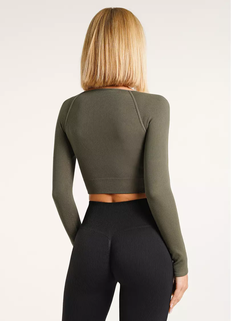 Кроп-топ лонгслив в рубчик CROP TOP RIB khaki (зеленый)