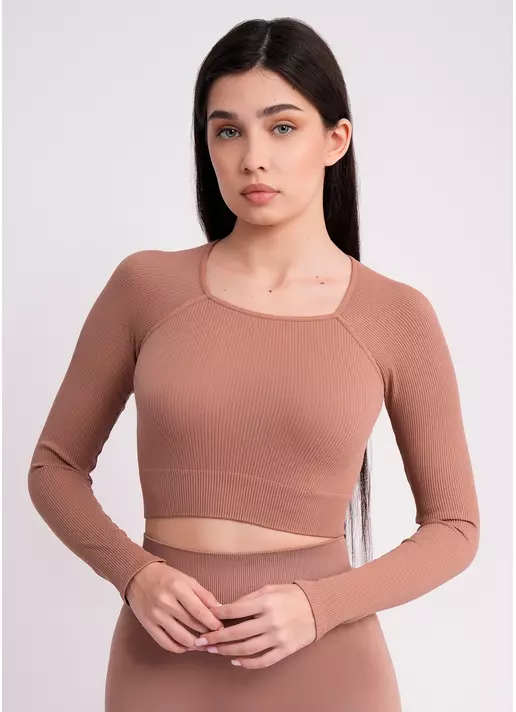 Кроп-топ лонгслив в рубчик CROP TOP RIB mokko (коричневый)