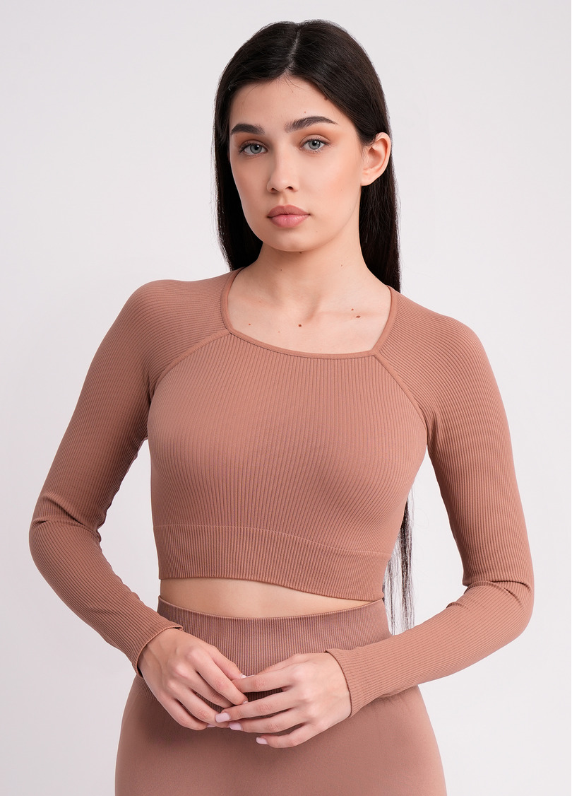 Кроп-топ лонгслив в рубчик CROP TOP RIB mokko (коричневый)