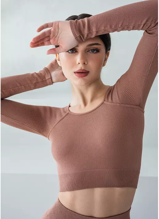 Кроп-топ лонгслів в рубчик CROP TOP RIB mokko (коричневий)