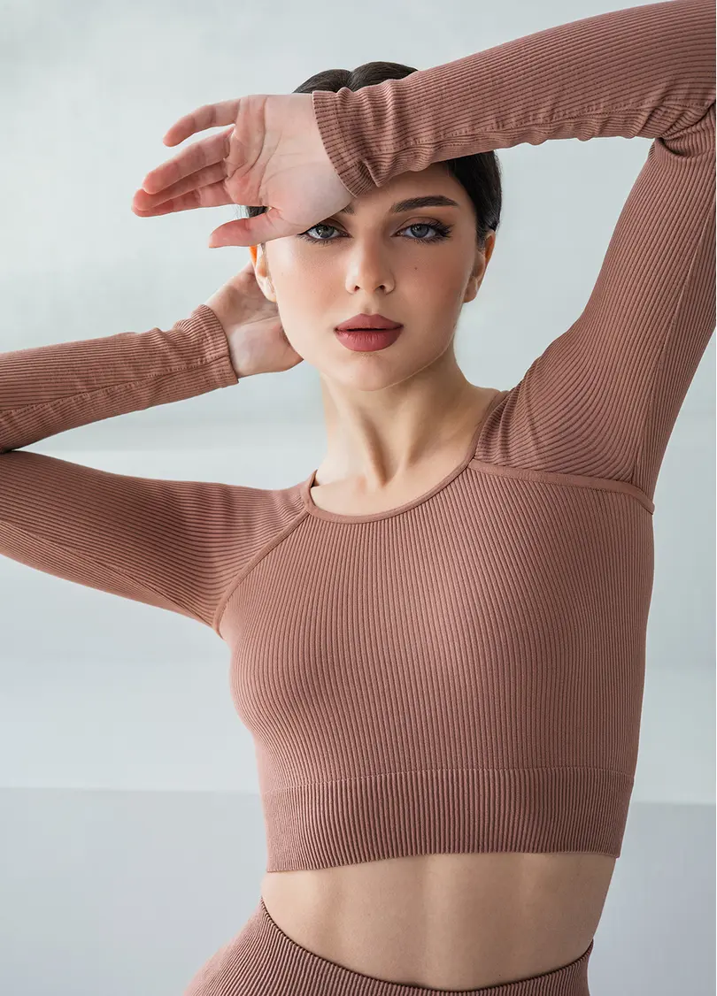 Кроп-топ лонгслив в рубчик CROP TOP RIB mokko (коричневый)